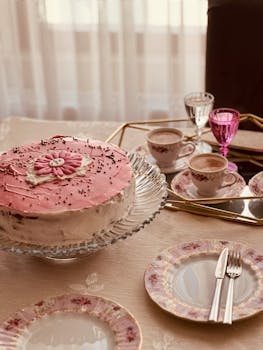 Beautifully decorated pink floral cake with elegant tea set arrangement, perfect for afternoon tea gatherings.
