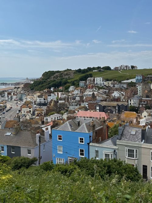 Free Charming coastal townscape of Hastings with colorful houses and scenic views. Stock Photo