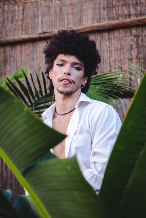 Free Elegant portrait of an adult in a white shirt surrounded by lush green tropical plants outdoors. Stock Photo