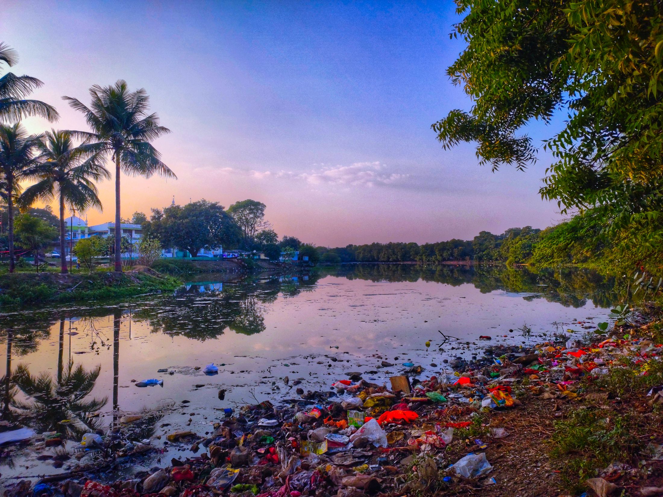 A scenic natural lakeside affected by visible litter