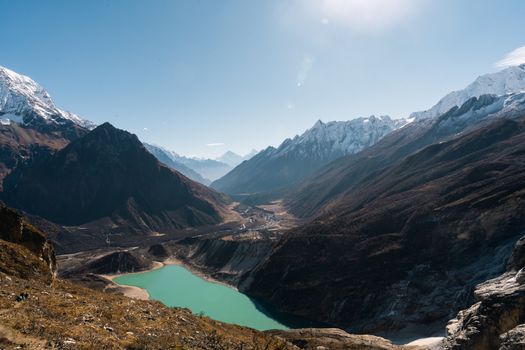Expansive view of a stunning Himalayan valley with a turquoise lake under clear skies in Nepal.