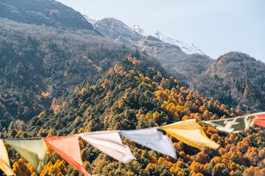 Breathtaking view of Himalayan mountains with colorful prayer flags in Nepal.
