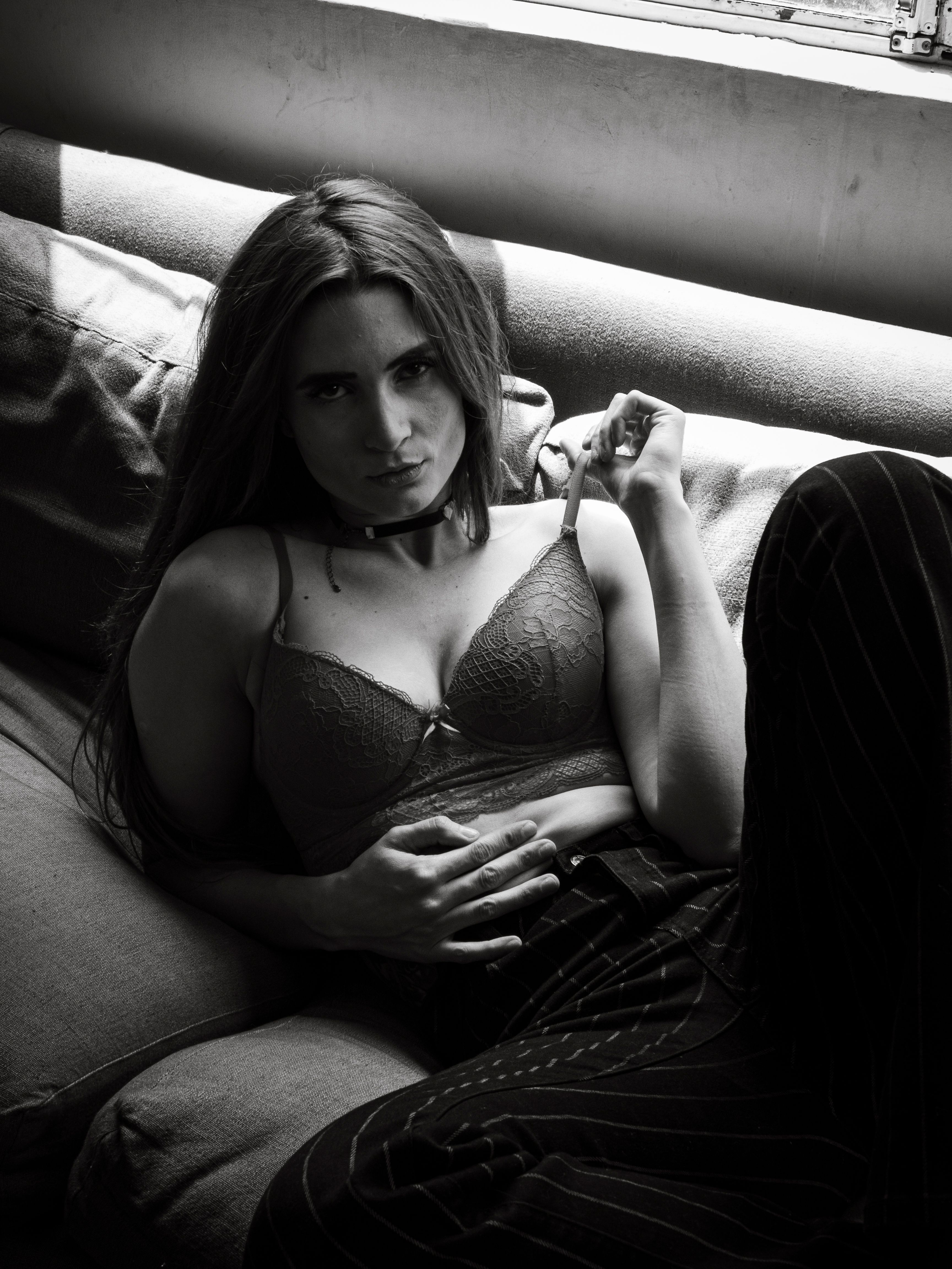 black-and-white-portrait-of-woman-in-lingerie-free-stock-photo