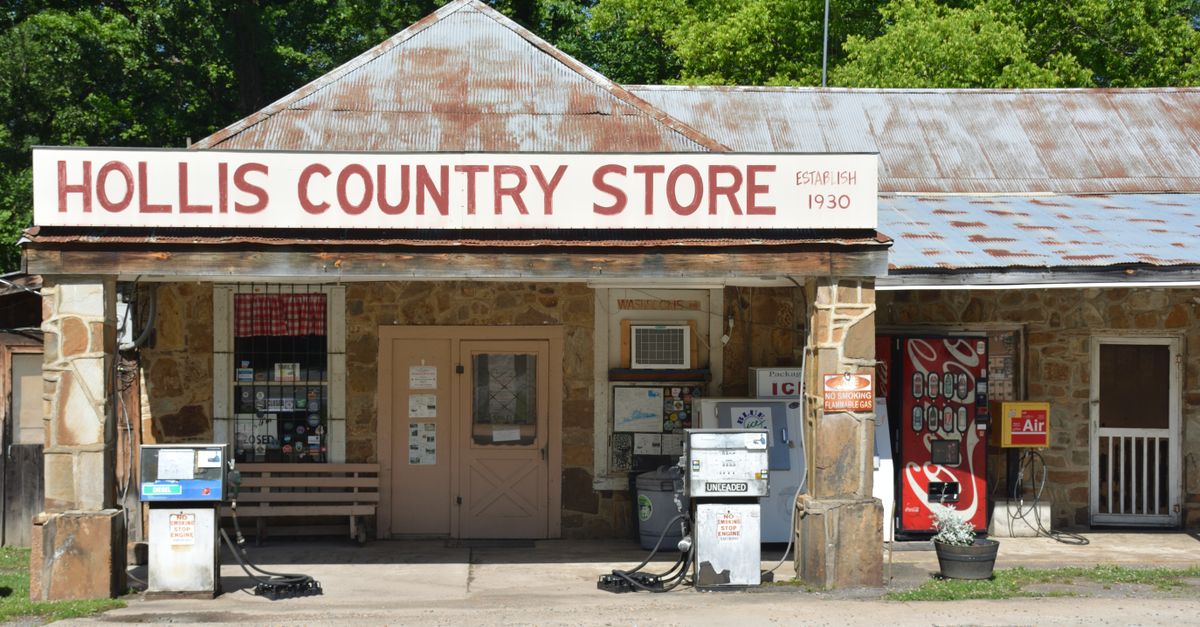 Rustic country store in Hot Springs, Arkansas with vintage gas pumps and signage.