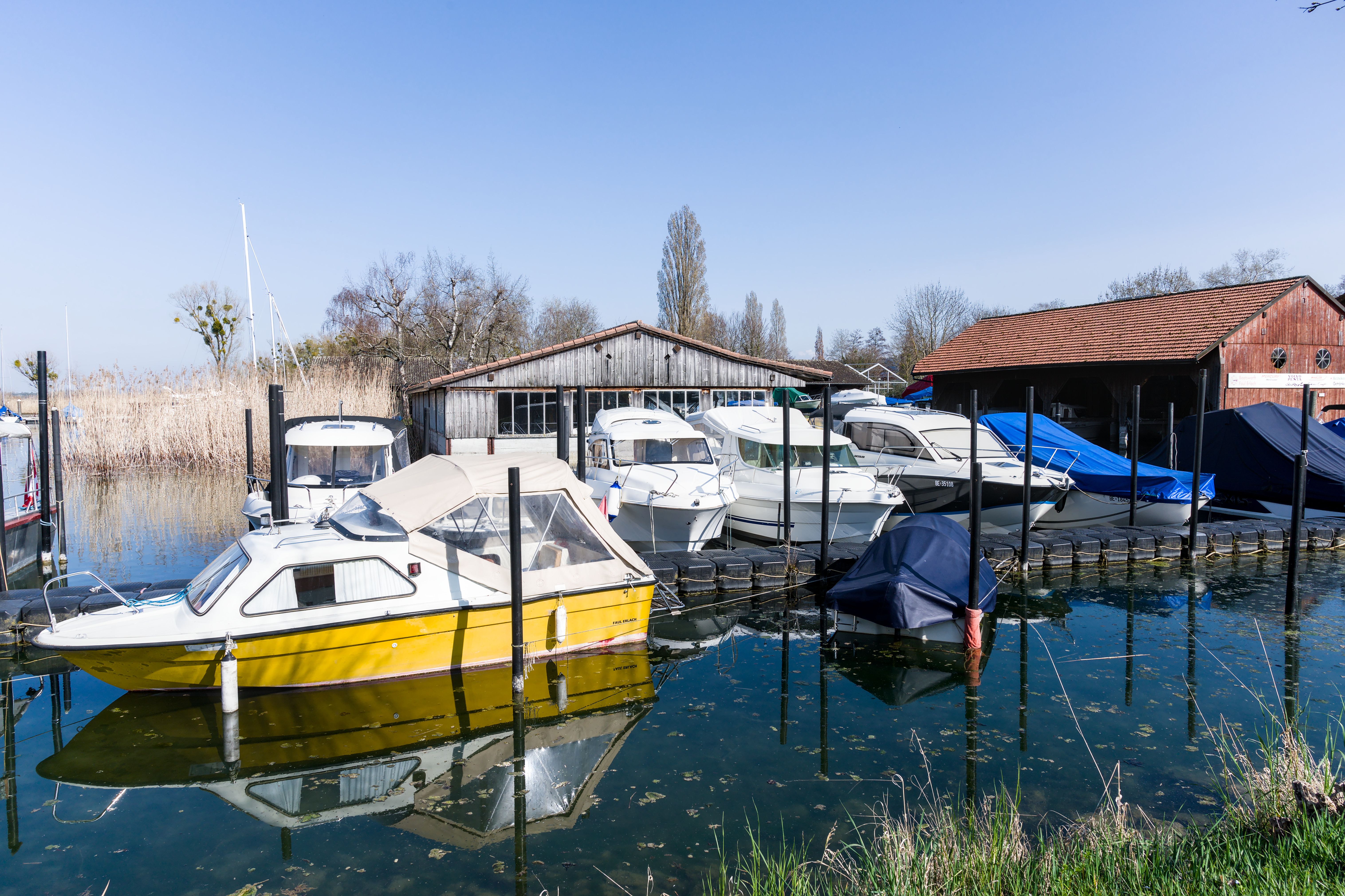 A vibrant yellow boat docked at a serene boatyard on a clear day with blue skies.
