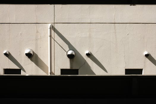 A minimalist wall featuring multiple security cameras casting long shadows in the sunlight.