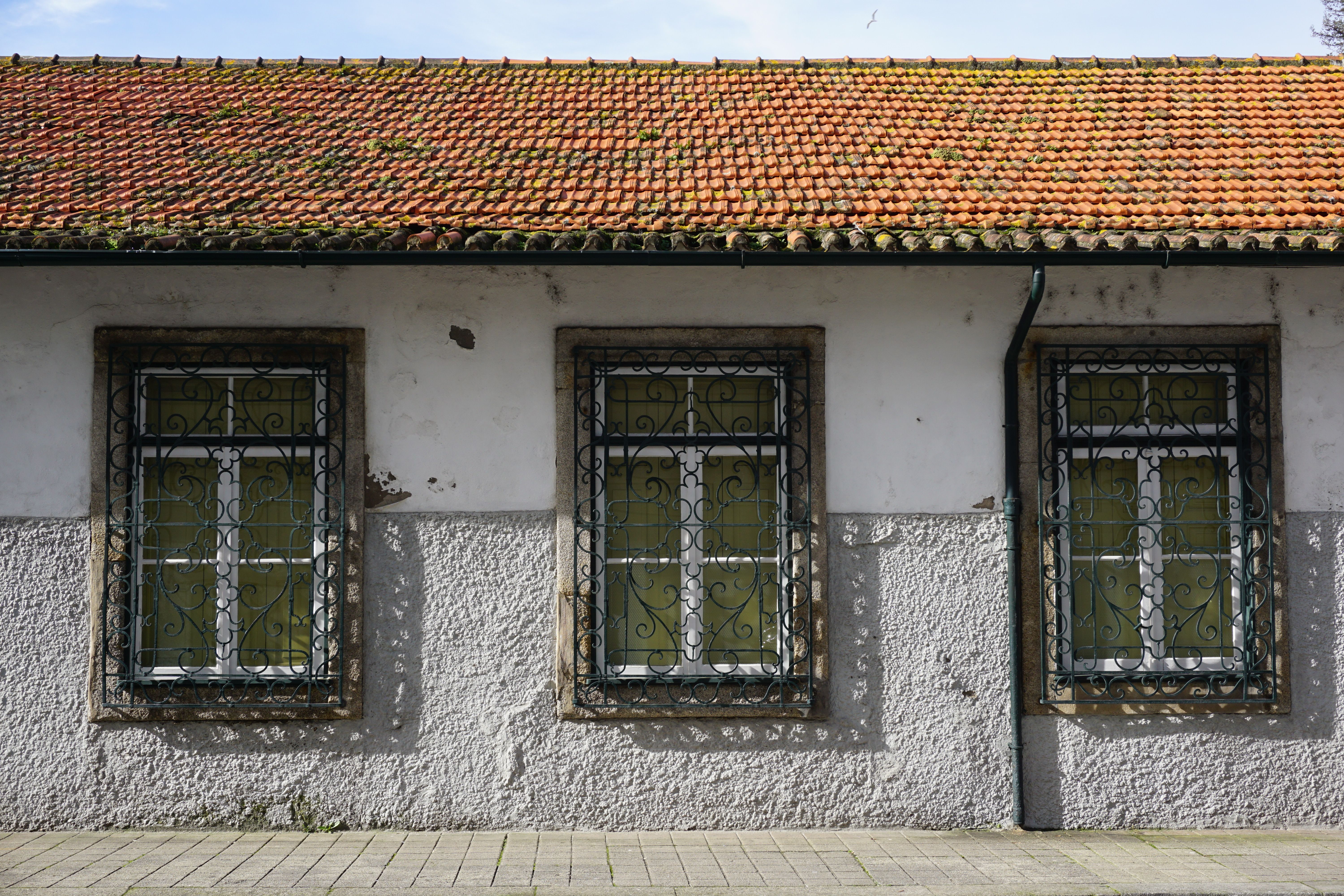 Détail architectural d'un bâtiment traditionnel à Porto, au Portugal, avec un toit en tuiles et des fenêtres décoratives.