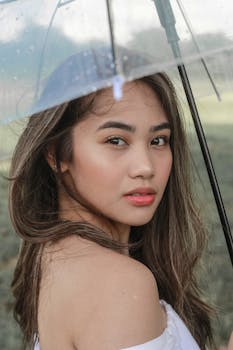 优雅的女人撑着透明伞，在户外展示着时尚与美丽