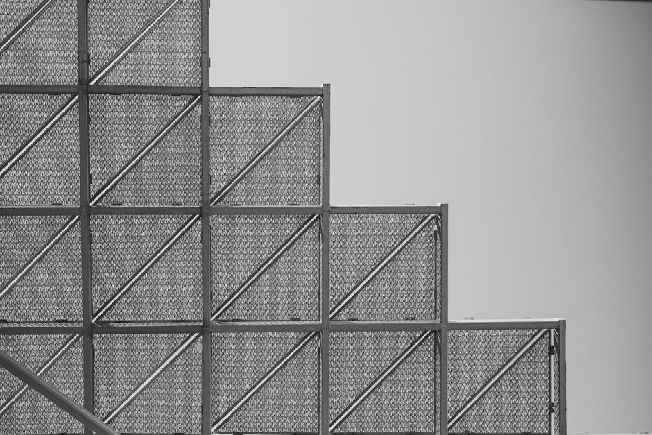 Minimalist architectural detail of a metallic structure in Rabat, Morocco.