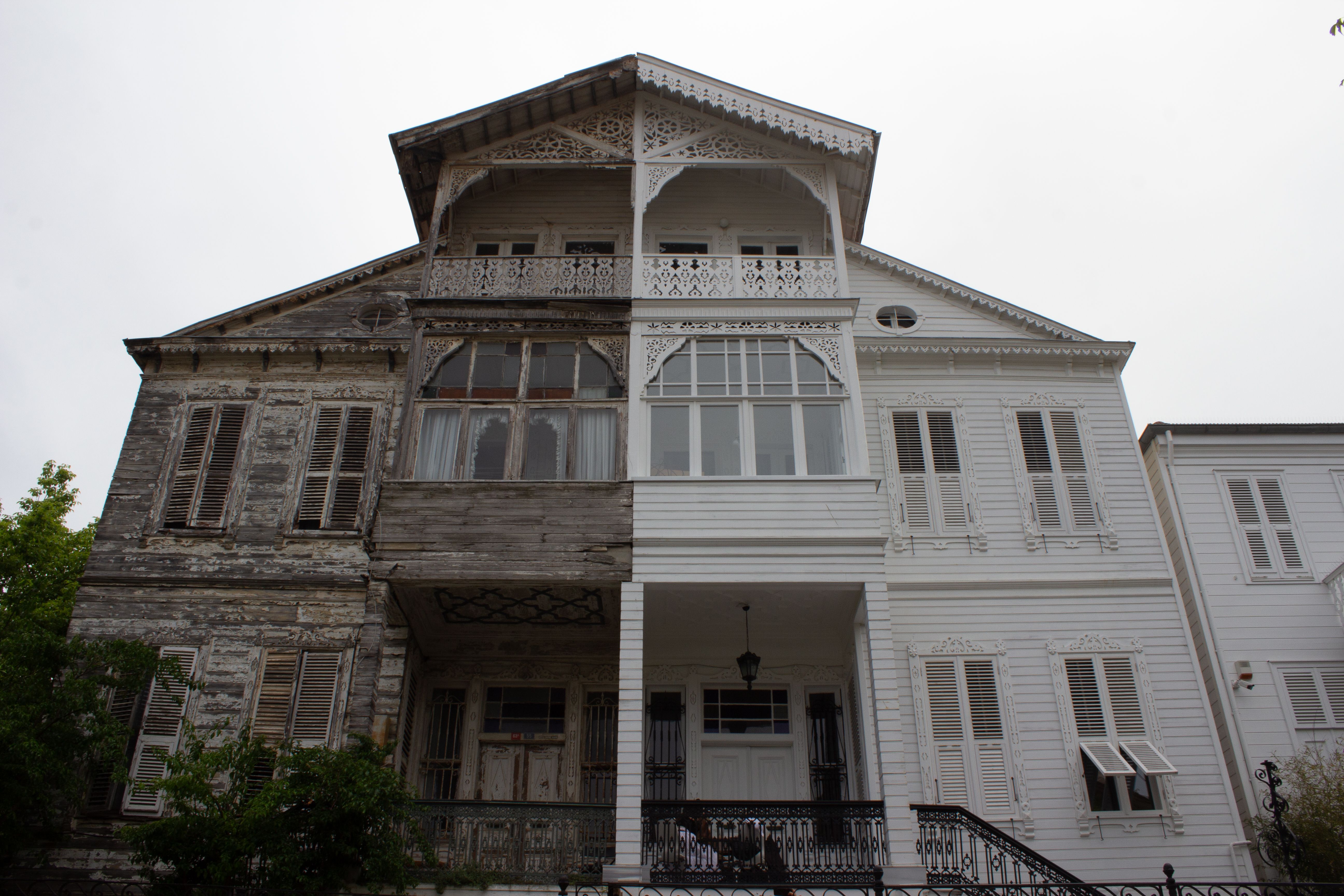 Intricately designed facade of a historic wooden house