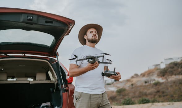 A man with a drone and remote control standing by an open car trunk, ready to fly.