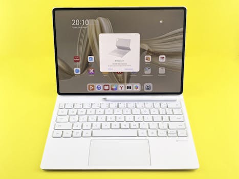 Sleek tablet with detachable keyboard on a vibrant yellow background, demonstrating cutting-edge technology.