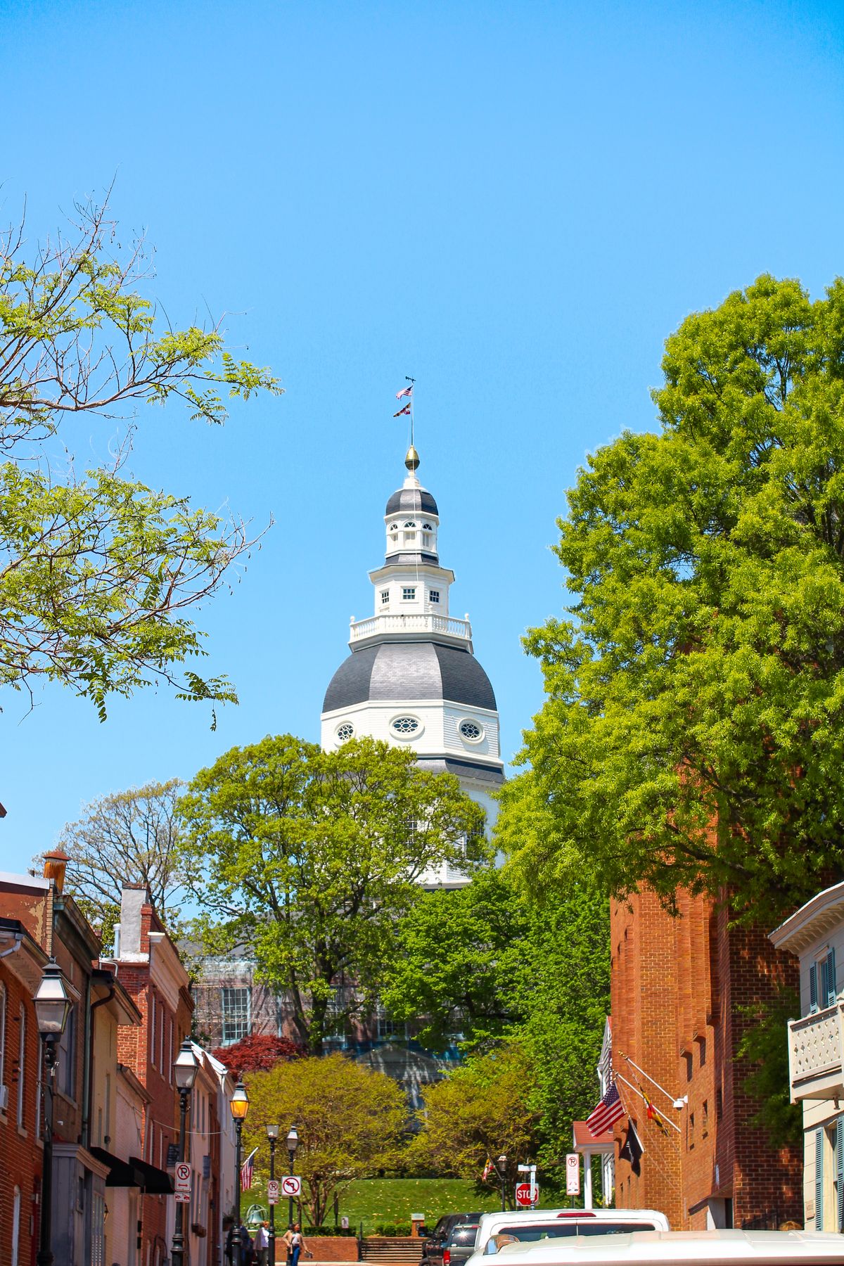 Maryland State House framed by a historic Annapolis street