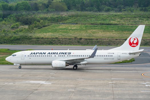 Japan Airlines Boeing 737 on runway ready for takeoff amid green landscape.
