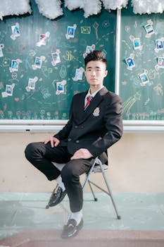 Portrait of a young man in formal attire sitting in a classroom with chalkboard background.