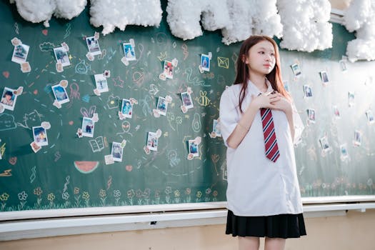 Young schoolgirl in uniform stands thoughtfully by a creative chalkboard adorned with photos and drawings.