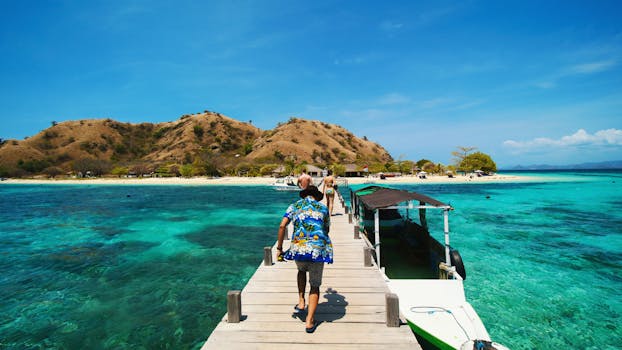 从码头望去，一个充满活力的热带岛屿展现在眼前，清澈的海水与远方的山丘映衬在明媚的阳光下