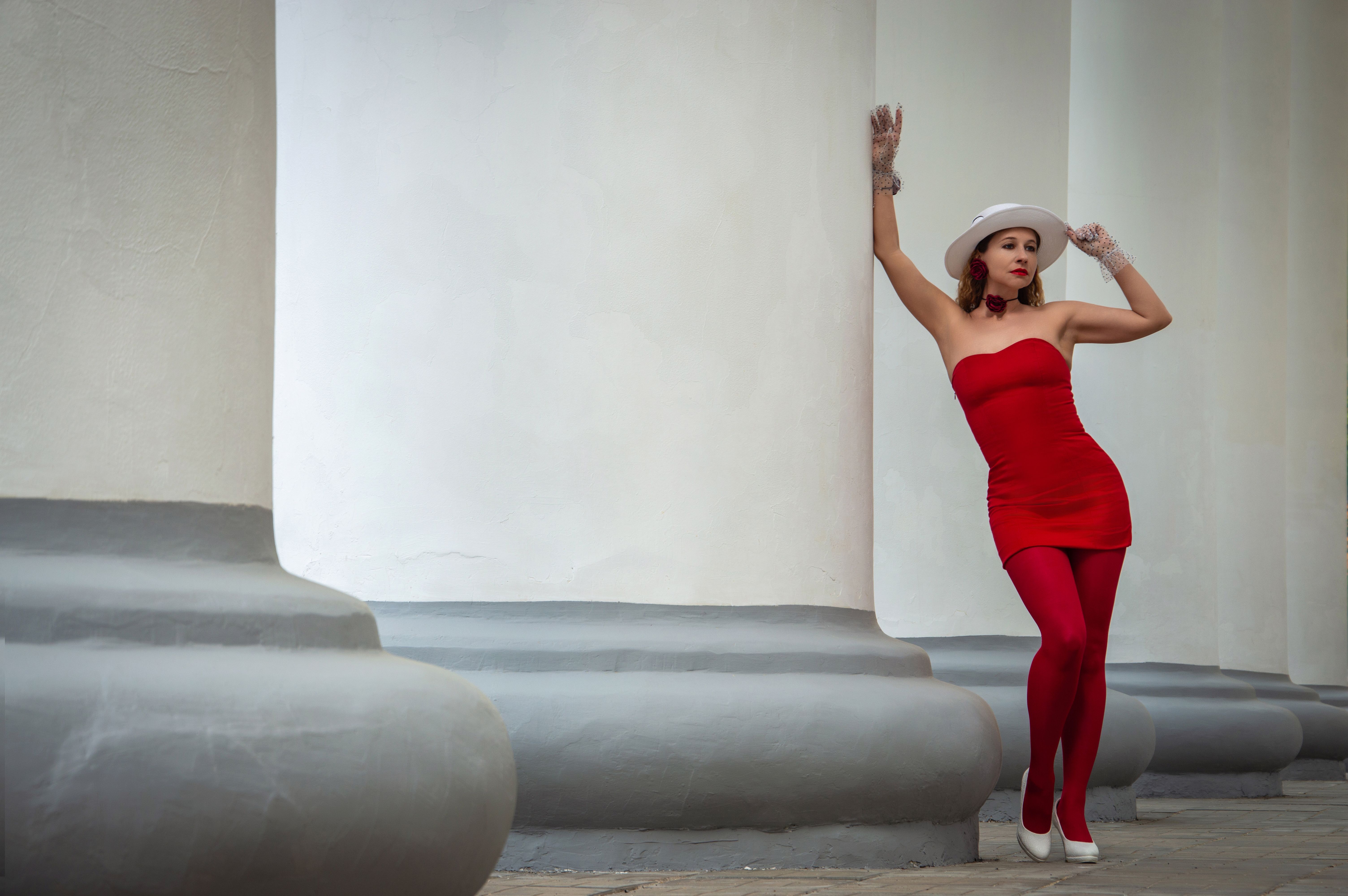 Elegant Woman in Red Dress by Classical Columns · Free Stock Photo
