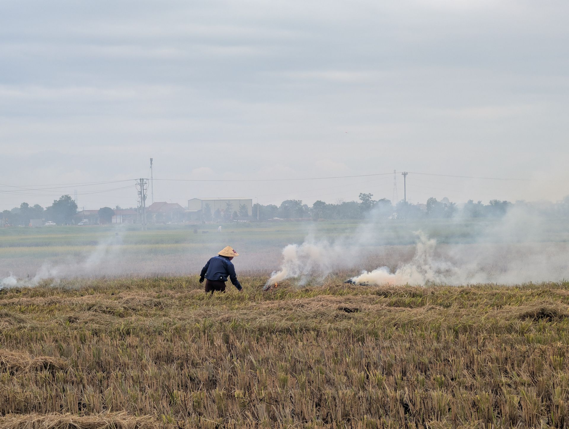 A farmer in a field setting fires to crop residue under a cloudy sky, producing smoke.