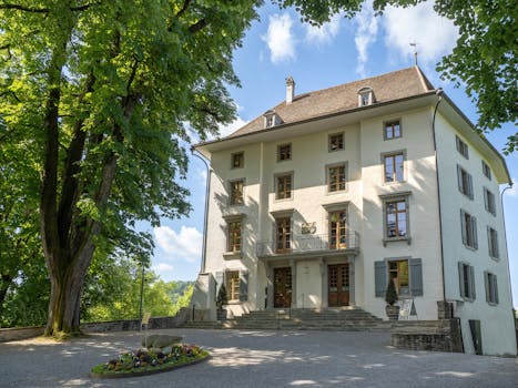 A beautiful historic mansion surrounded by lush greenery and bright blue skies, perfect for real estate lovers.
