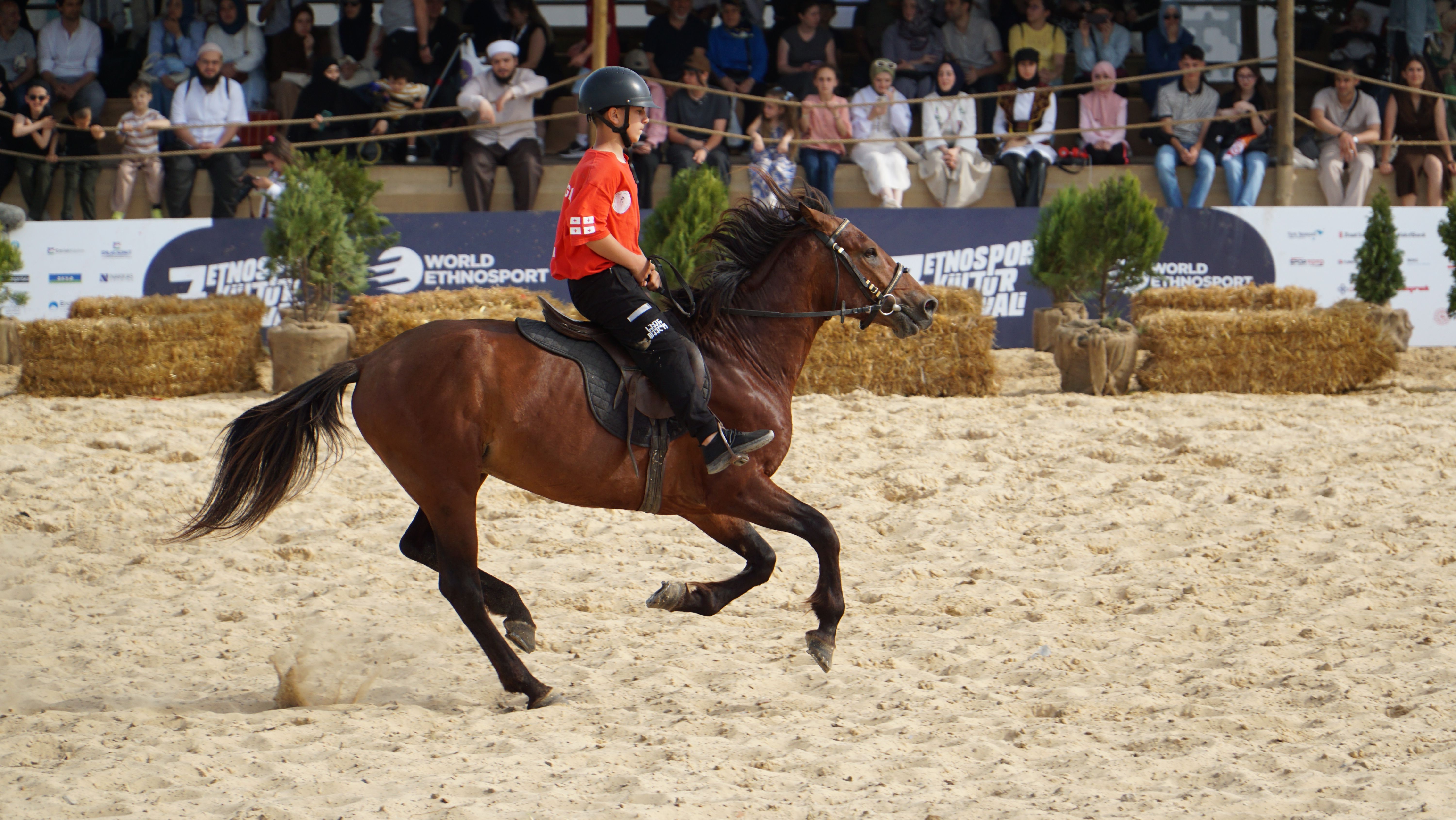 A rider participates in a horse riding event at the World Ethnosport Festival in Istanbul, capturing dynamic motion.