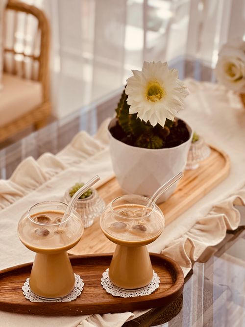 Free Two glasses of iced coffee with a cactus flower centerpiece on a wooden tray indoors. Stock Photo