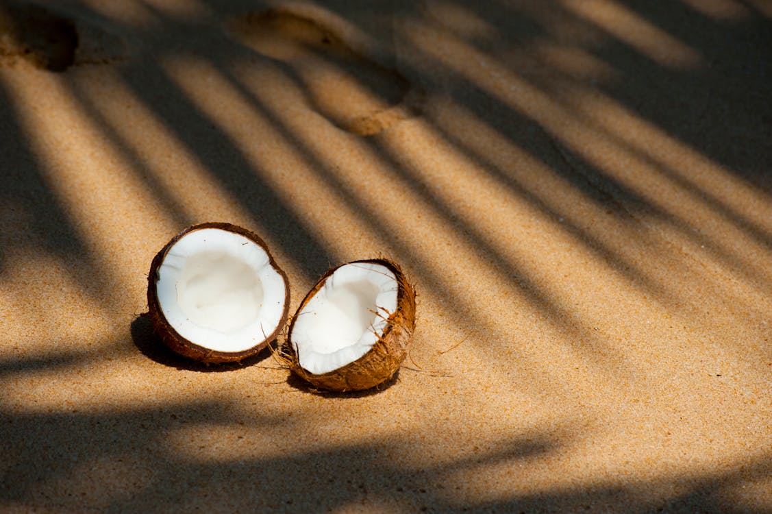 砂の上にココナッツを開けた