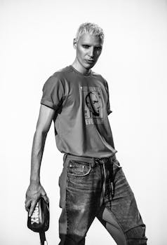 在单色工作室里，时尚的年轻人摆出姿势，散发着高级时尚风格