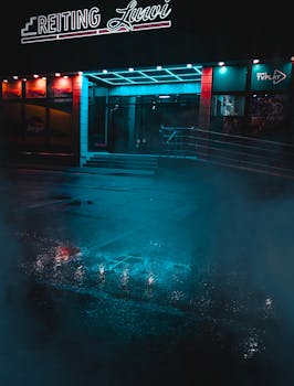 雾蒙蒙的夜晚，城市里霓虹灯映照着店面，灯光洒在潮湿的人行道上