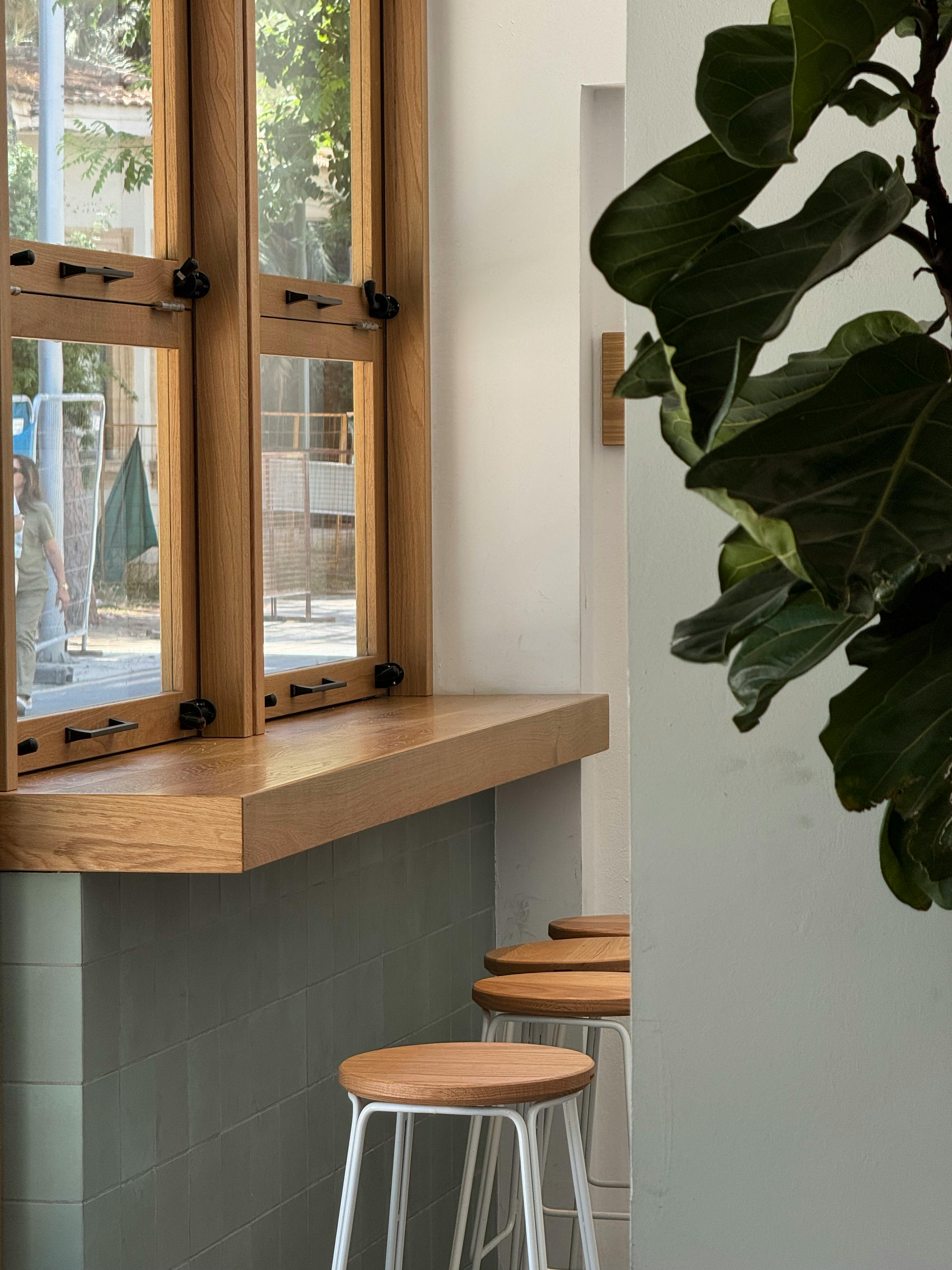 Stylish cafe interior with wooden stools, large windows, and lush indoor plant.