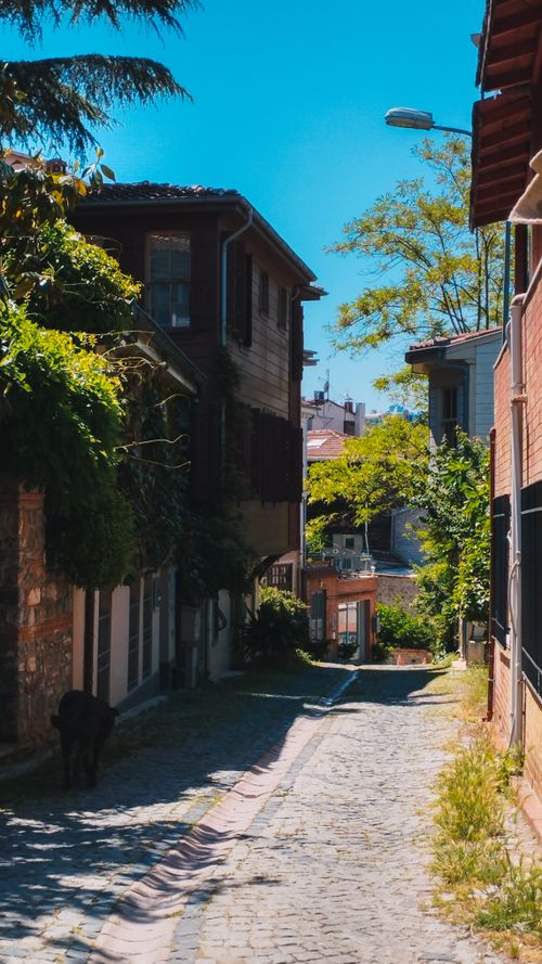 Free Picturesque narrow cobblestone street with historic buildings under clear blue sky. Stock Photo