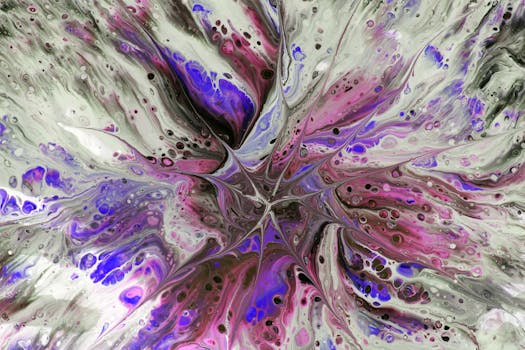 Vibrant abstract artwork showcasing swirling patterns in pink, purple, and grey hues.