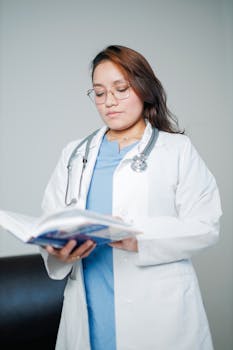 A female doctor in a white coat reads a medical book, conveying professionalism and focus.
