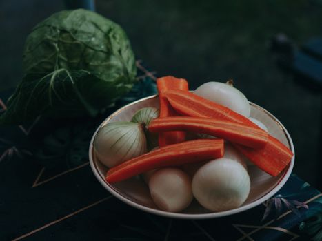Bowl of fresh carrots and onions with cabbage on a dark, patterned tablecloth outdoors.