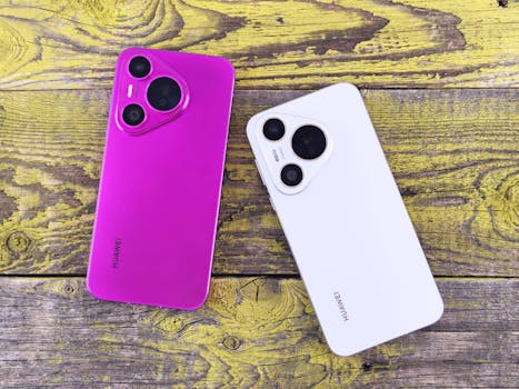 A vibrant purple and sleek white smartphone on a rustic wooden surface, showcasing modern technology and design.