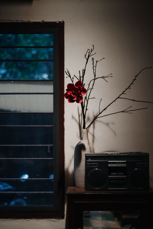 Free Artistic indoor photograph of a vase with branches and radio by window, emitting a vintage and moody ambiance. Stock Photo