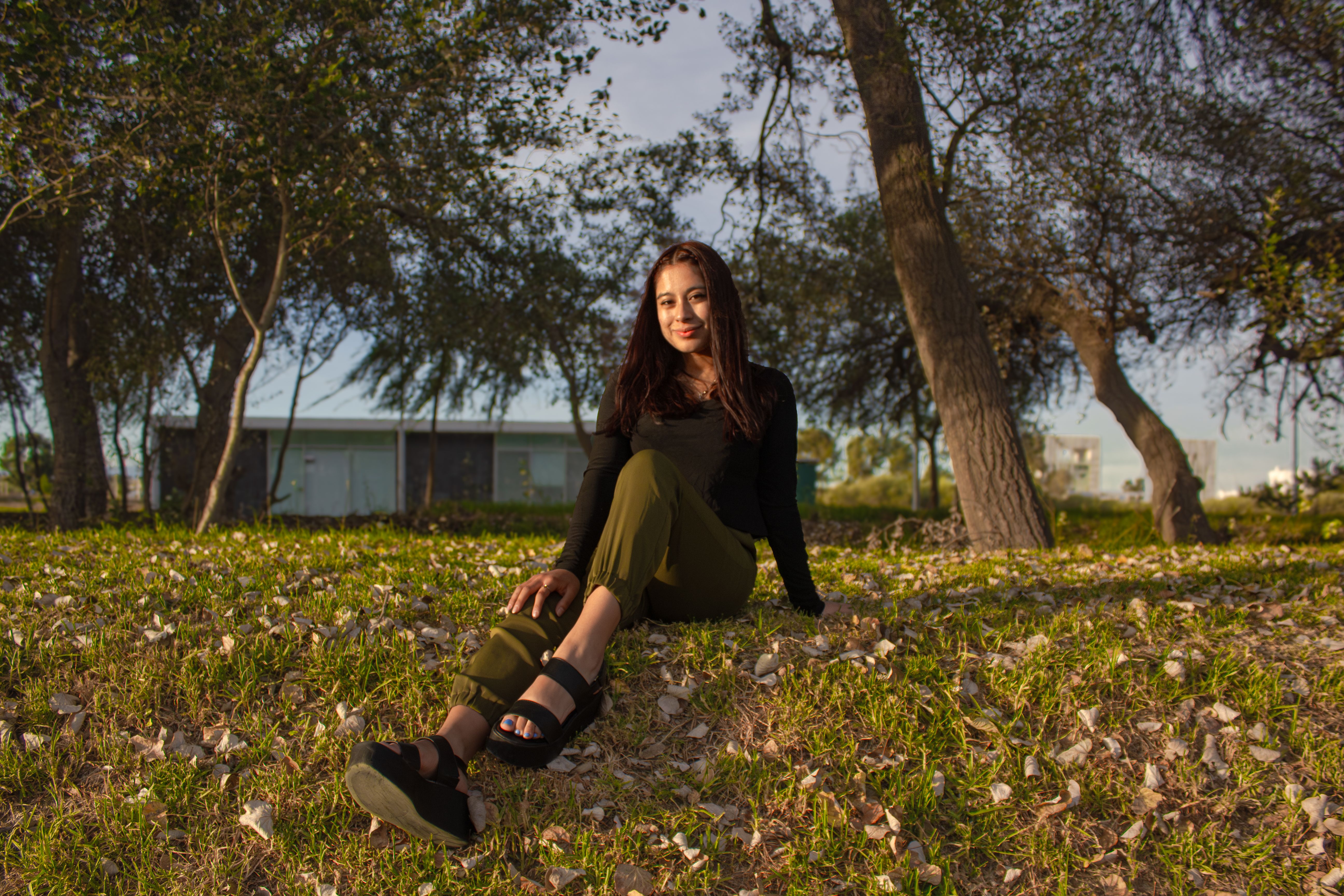 A woman sitting on grass in a sunlit park with trees, enjoying a peaceful afternoon outdoors.