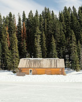 Charming log cabin surrounded by snow and evergreen forest in Lake Louise, Alberta.
