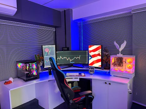 A high-tech gaming and stock trading setup with RGB lighting, three monitors, and gaming chair.