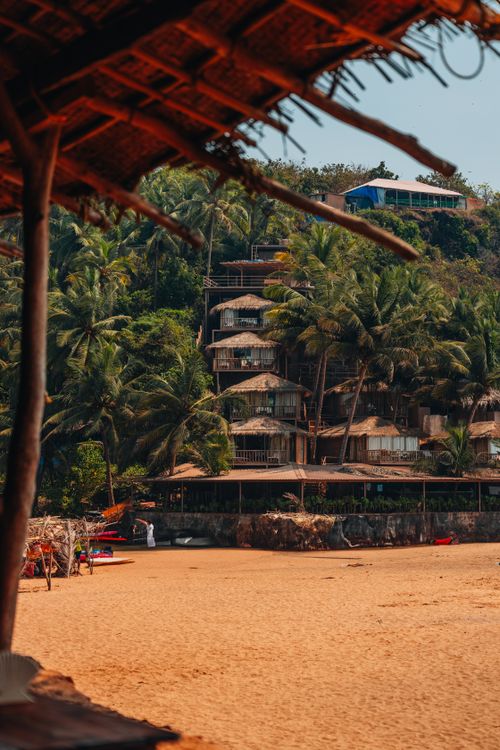 Free Tropical beach resort with palm trees, ocean view, and sandy shore, perfect for vacations. Stock Photo