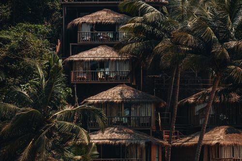 Free Relax in tropical wooden bungalows nestled among lush palm trees on a sunny beach. Stock Photo