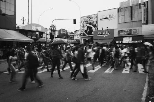 Monochrome Photo of People Walking on Pedestrian Crossing