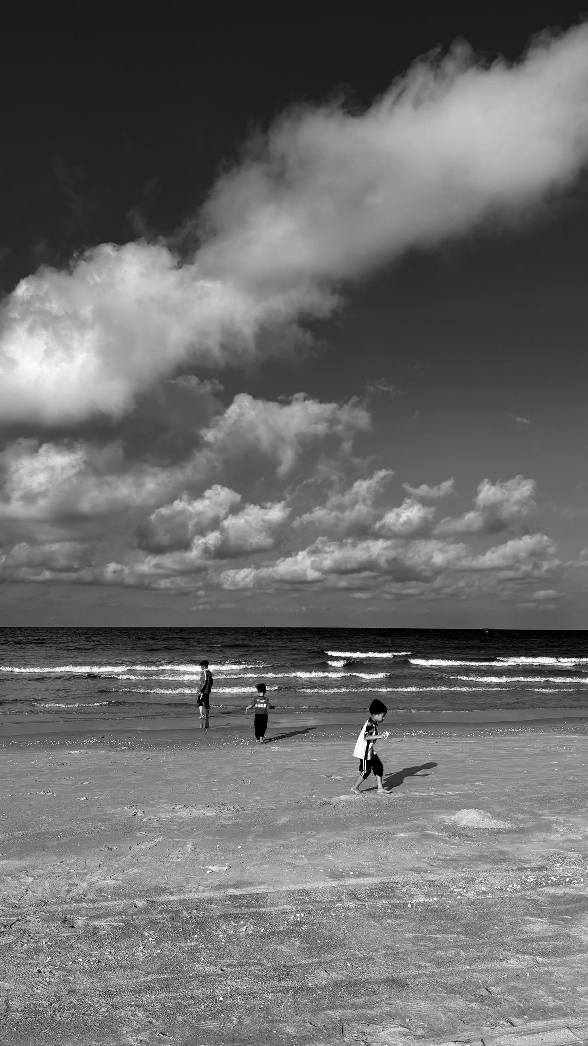 Atmospheric black and white photo of children playing on a beach under a cloudy sky.
