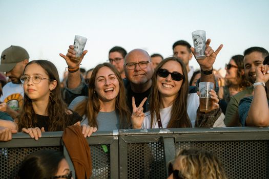 Joyful festival-goers enjoying live music, raising drinks, and showing peace signs at an outdoor event.