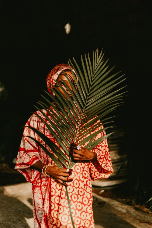 Free A woman in vibrant traditional attire holds a large palm leaf, creating a striking cultural portrait. Stock Photo