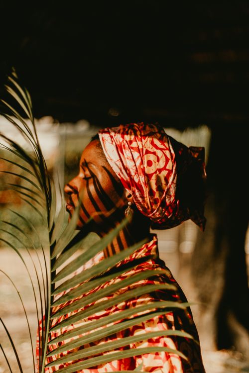 Free Profile of a woman with palm leaf shadows on her face, exuding elegance and natural beauty. Stock Photo