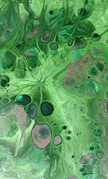 Vibrant abstract artwork in green hues featuring fluid marbling and organic patterns.