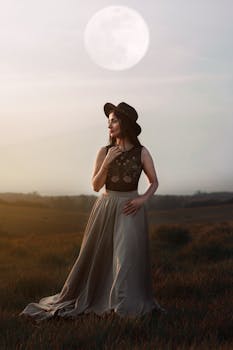 月光下，一名身着时尚服装的女子在广阔的草地上摆着姿势