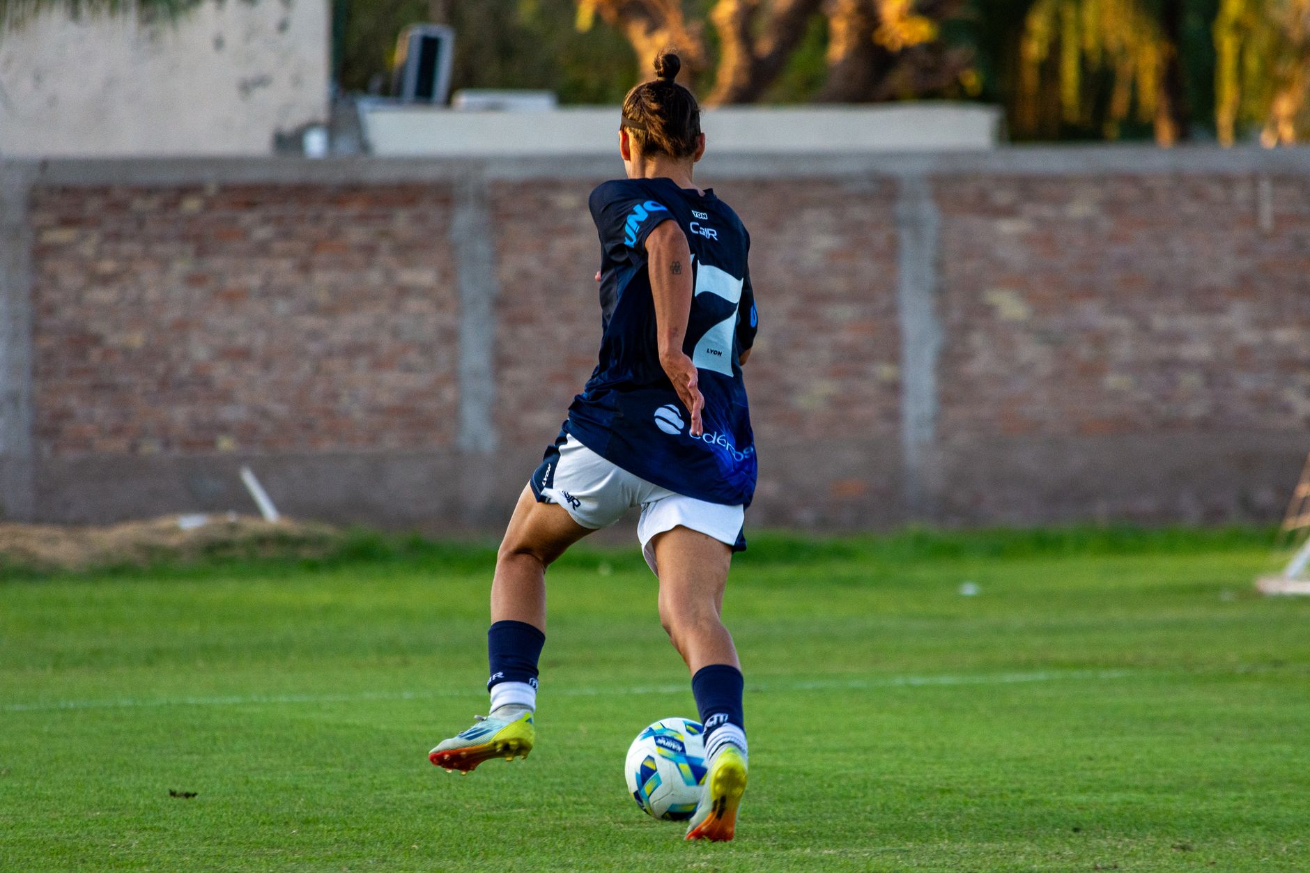 Soccer player in mid-motion on a grassy field, showcasing athletic skill and focus.