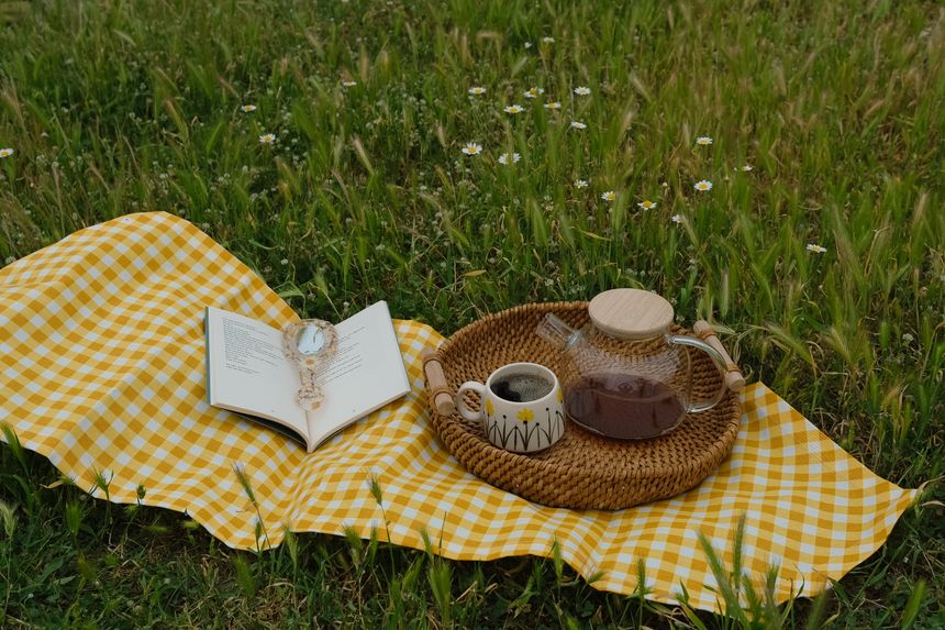 Yellow gingham picnic blanket with a woven tray, teapot and open book on a meadow — photo by İrem Çevik on Pexels